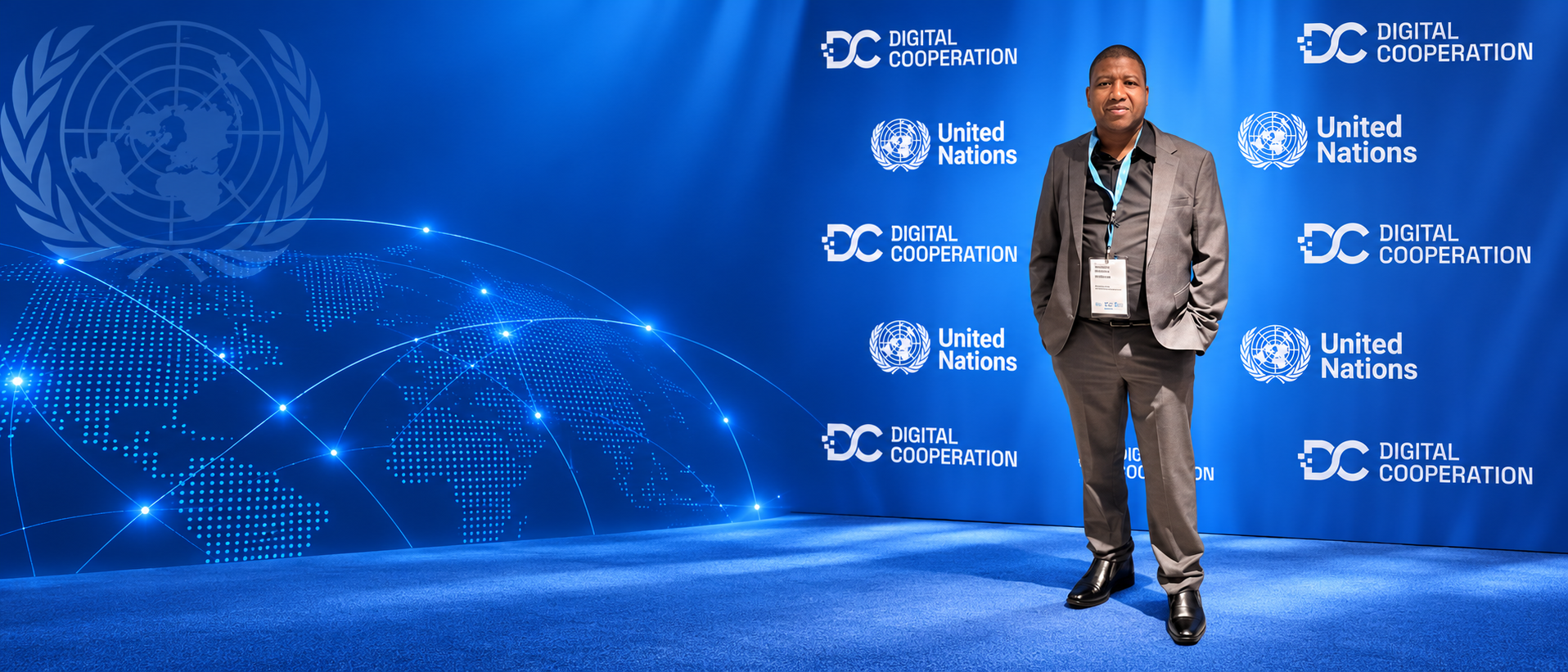Samson Sakoane at the United Nations Digital Cooperation backdrop, with a connected globe on the left